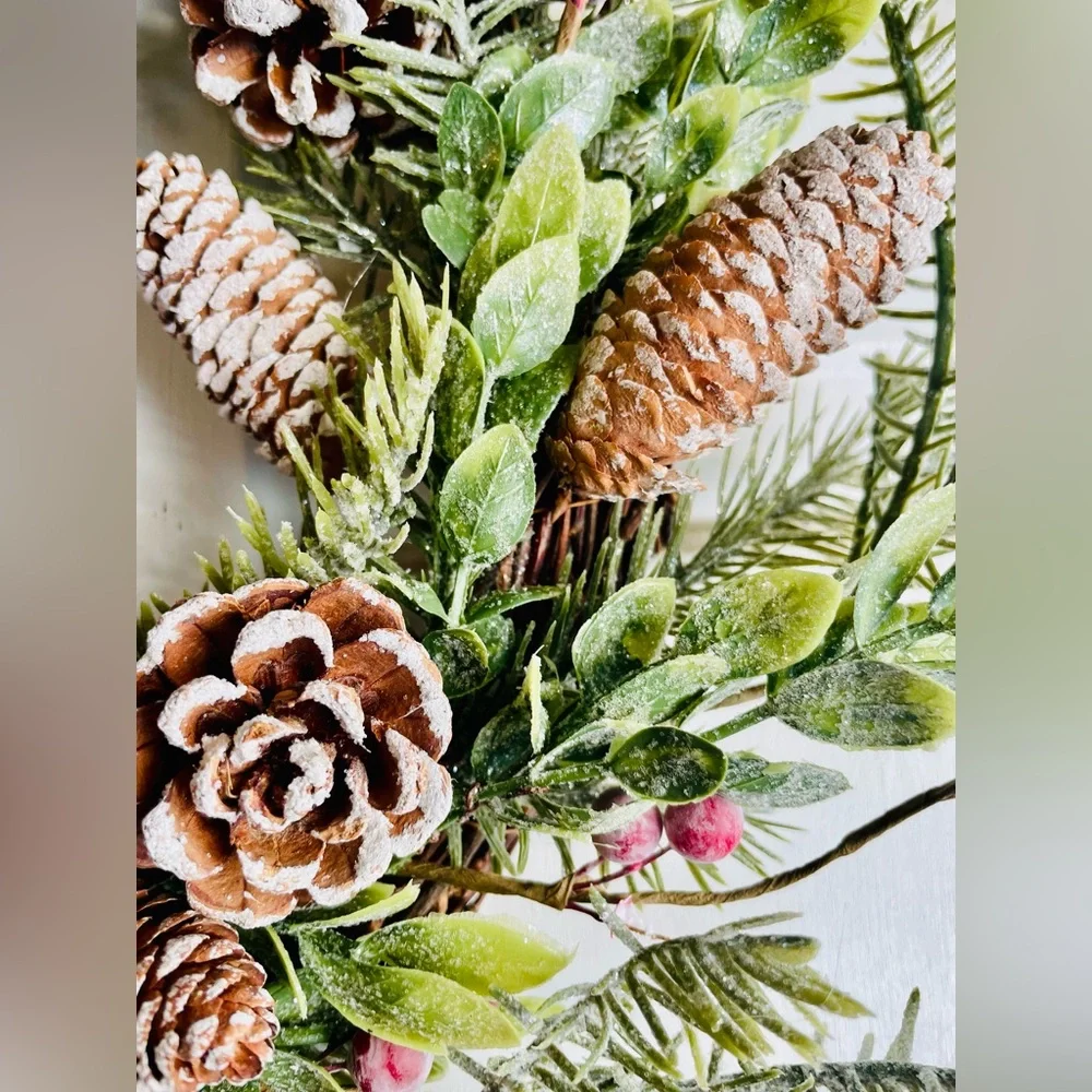 Frosty Cedar, Pinecone & Red Berry Wreath